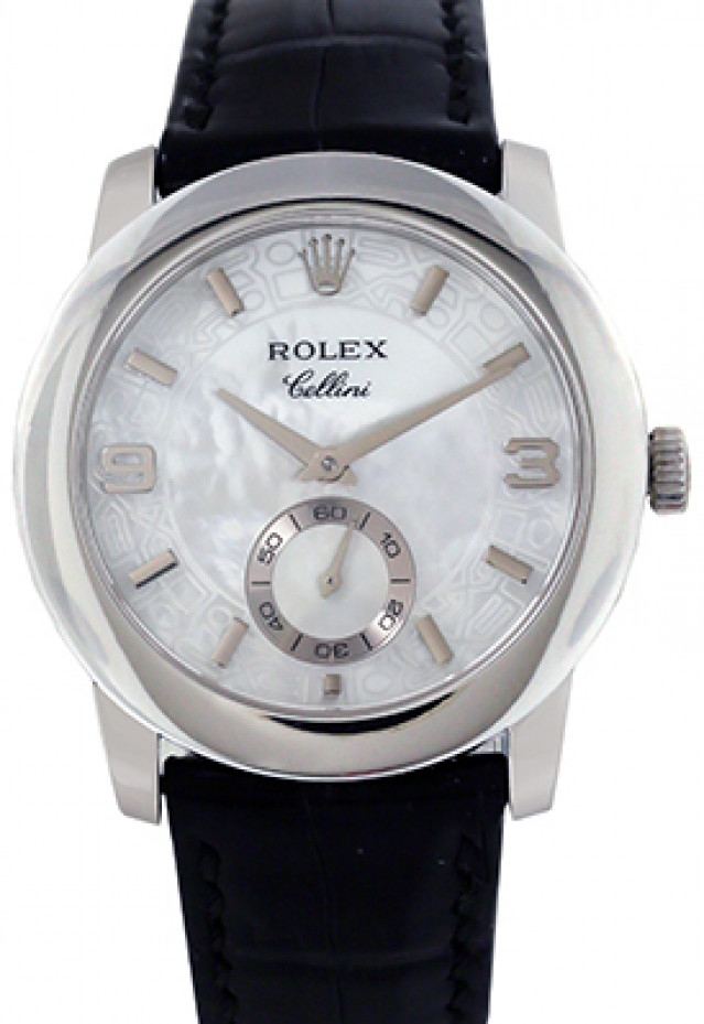 Rolex 5240 Platinum on Strap, Smooth Bezel White Mother Of Pearl with Silver Index, Silver Arabic 3-6-9